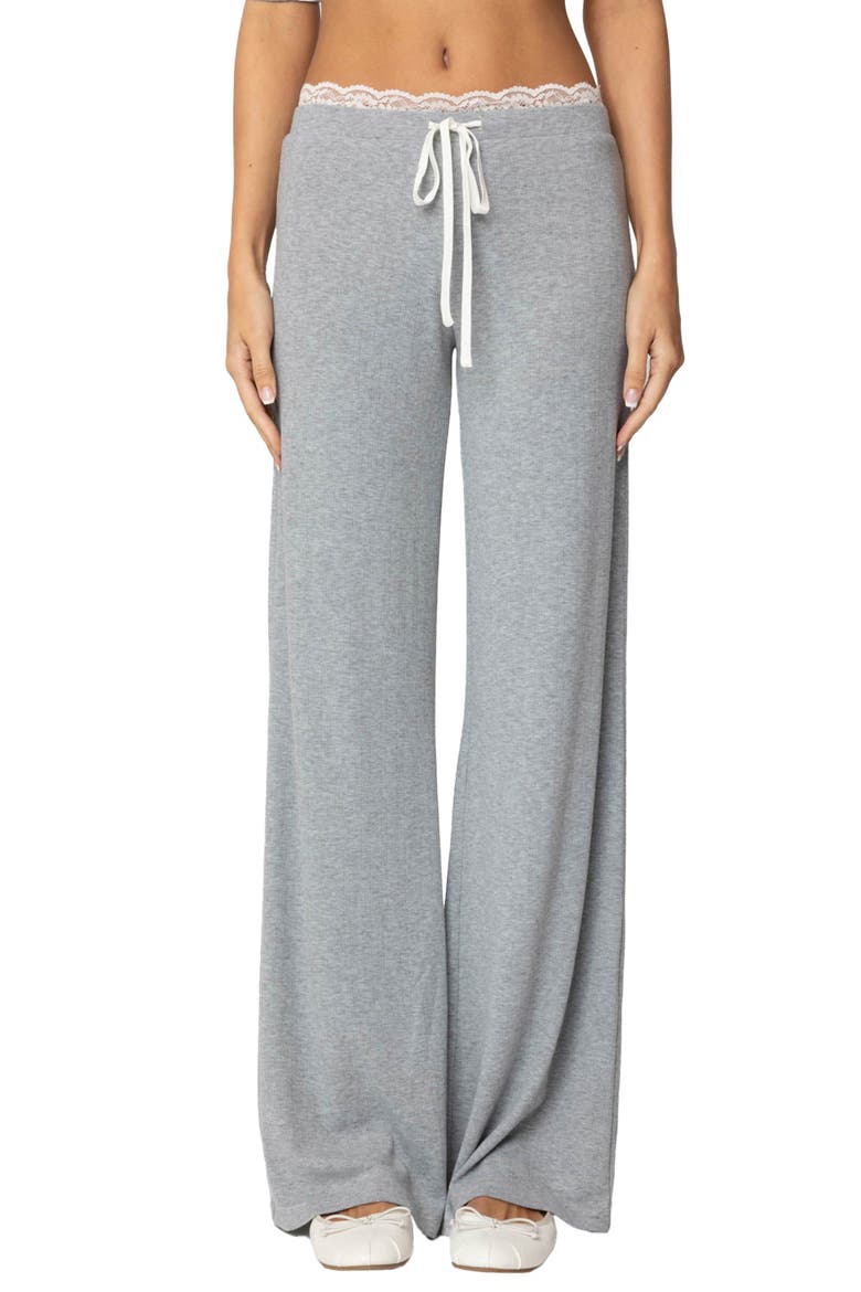 Peekaboo Lace Trim Knit Wide Leg Pants, Main, color, GRAY-MELANGE