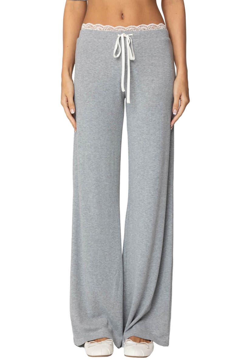 EDIKTED Peekaboo Lace Trim Knit Wide Leg Pants, Main, color, Gray-Melange