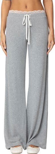 EDIKTED Peekaboo Lace Trim Knit Wide Leg Pants | Nordstrom