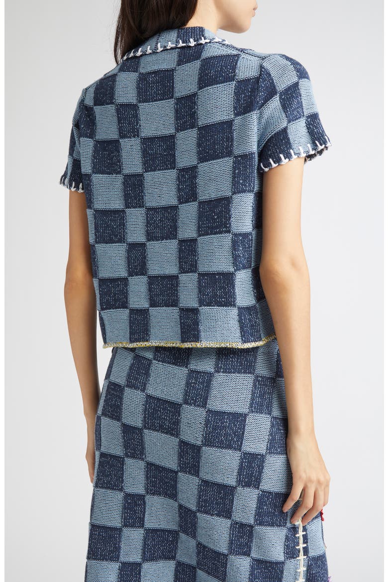 Floral Ribbon Checkerboard Cardigan, Alternate, color, DENIM