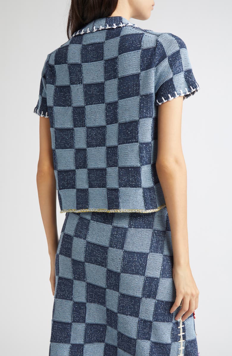 YanYan Floral Ribbon Checkerboard Cardigan, Alternate, color, Denim