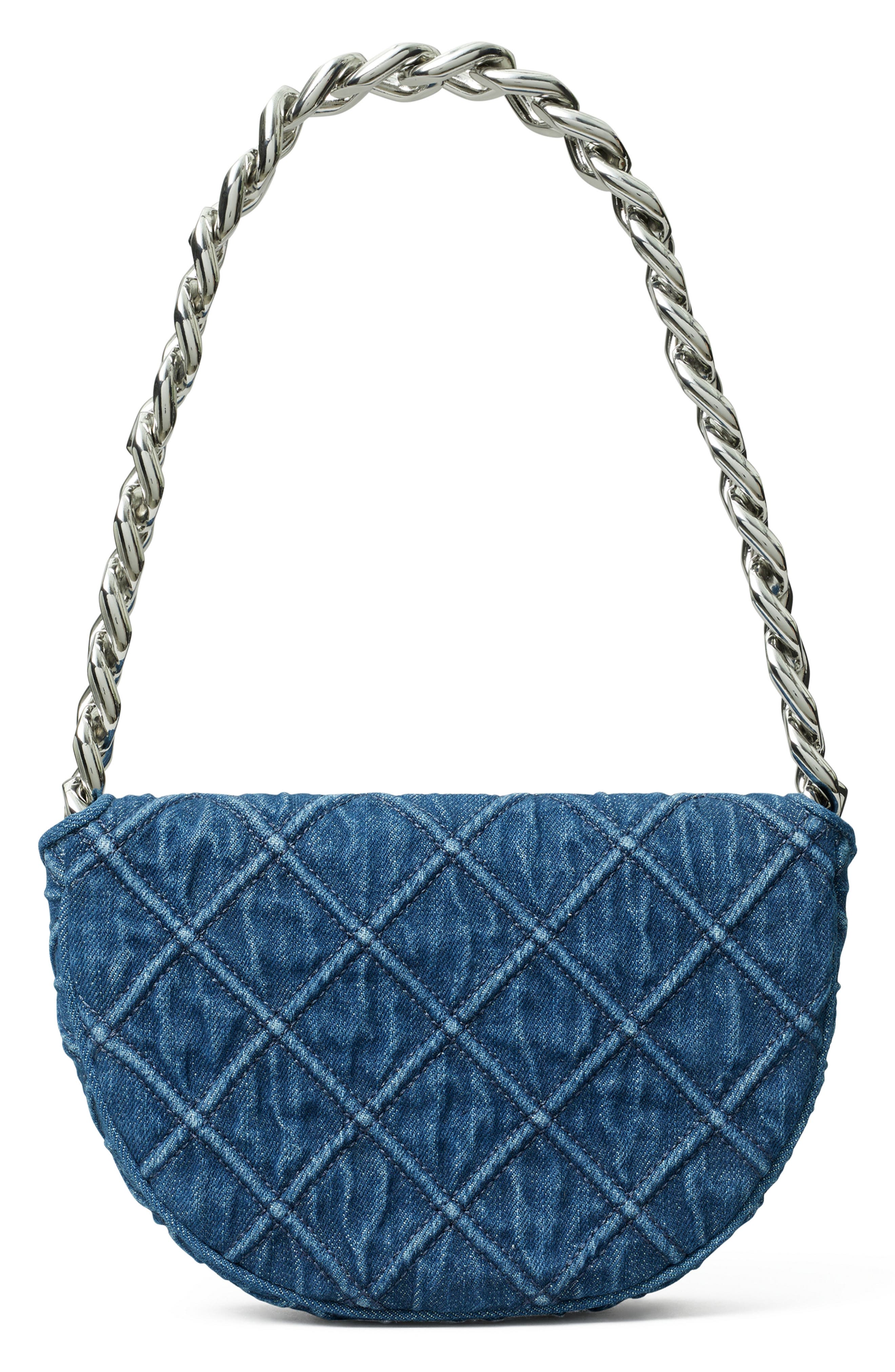 Tory Burch Mini Fleming Soft Denim Crescent Bag, Alternate, color, 