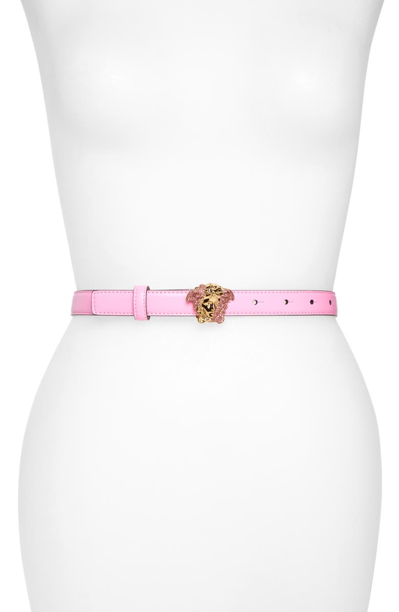 Versace First Line Versace Palazzo Dia Medusa Head Pavé Buckle Leather Belt, Main, color, 