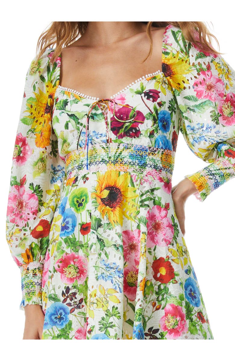 Alice + Olivia Crawford Eyelet Smocked Long Sleeve Cotton Minidress, Alternate, color, 