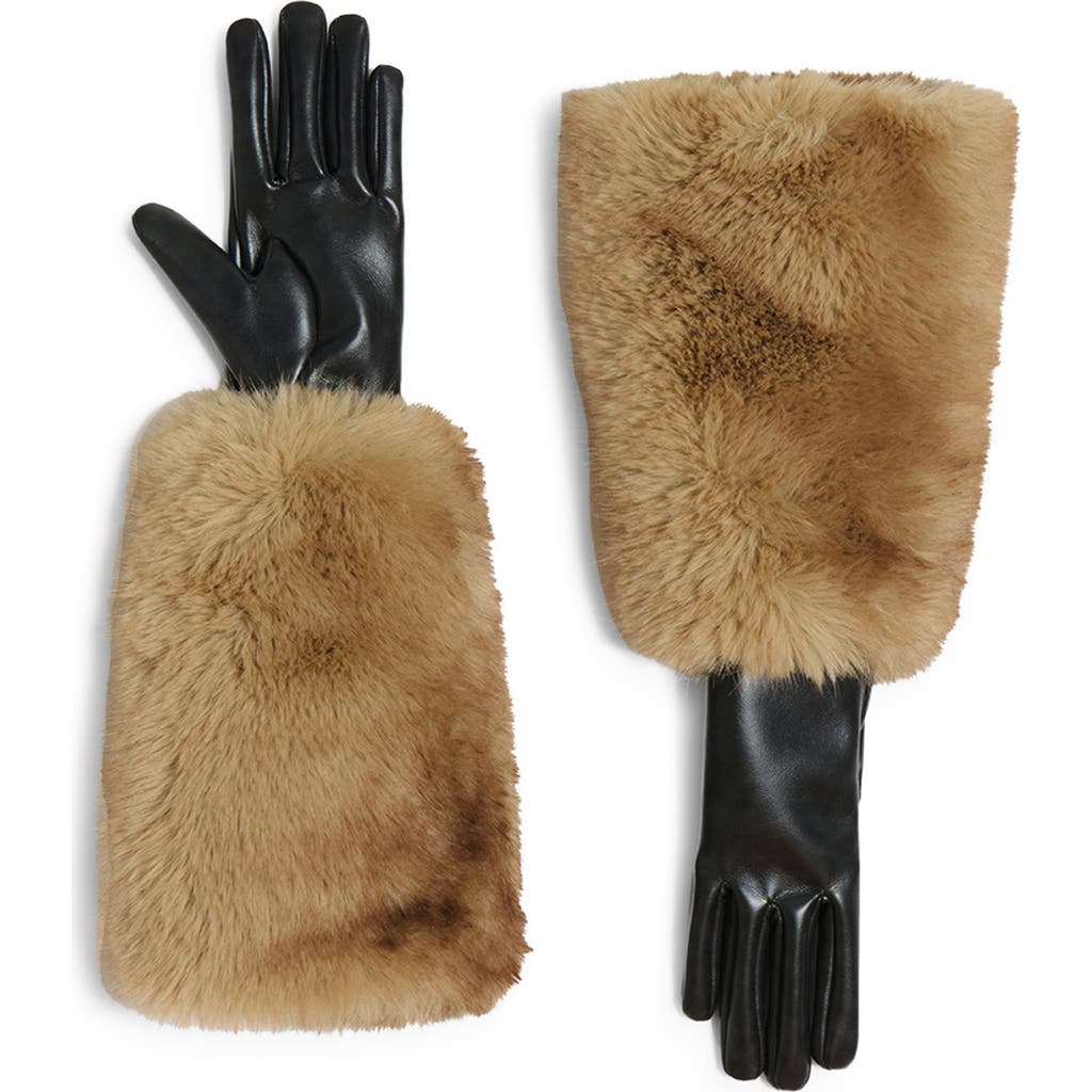 Apparis Robi Faux Fur Trim Faux Leather Gloves In Brown