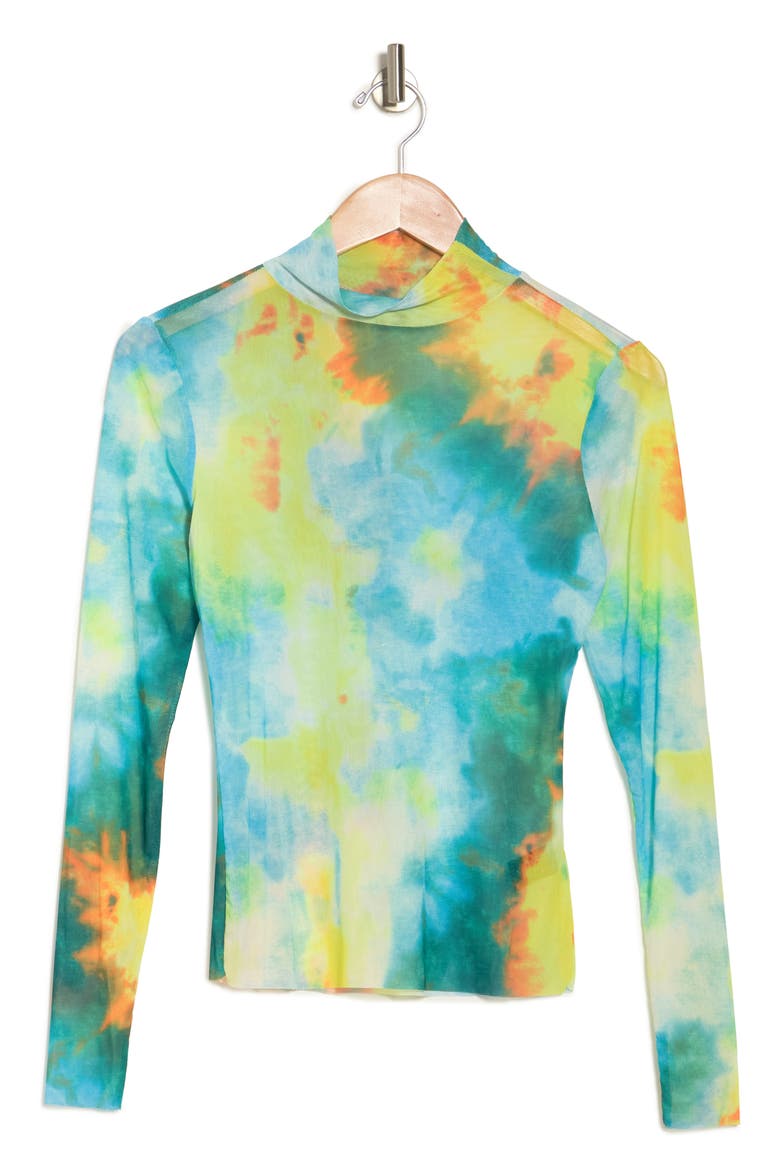 Zoe Mock Neck Mesh Top, Alternate, color, TEAL/YELLOW TIE DYE