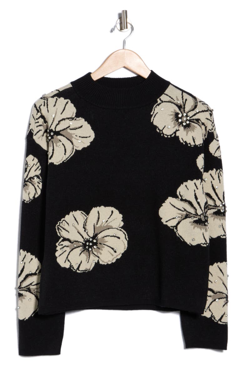 Jadelyn Floral Mock Neck Sweater, Alternate, color, BLACK/ TAPIOCA