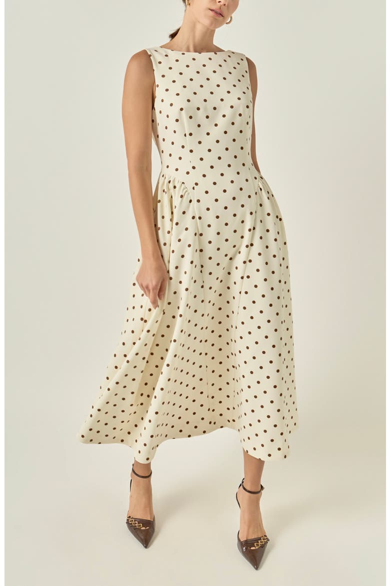 Dot Sleeveless Flare Midi Dress, Alternate, color, BEIGE/BROWN