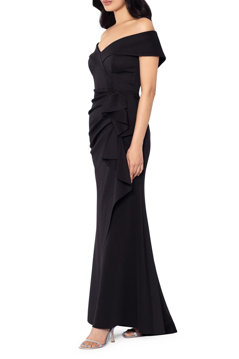 Off the Shoulder Ruffle Scuba Crepe Gown, Alternate, color, BLACK