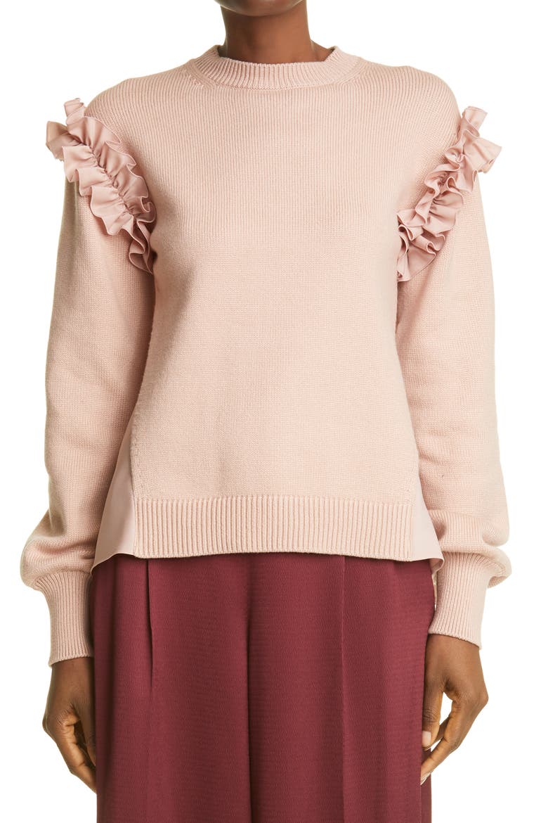 Ruffle Mixed Media Sweater, Main, color, MAUVE PINK