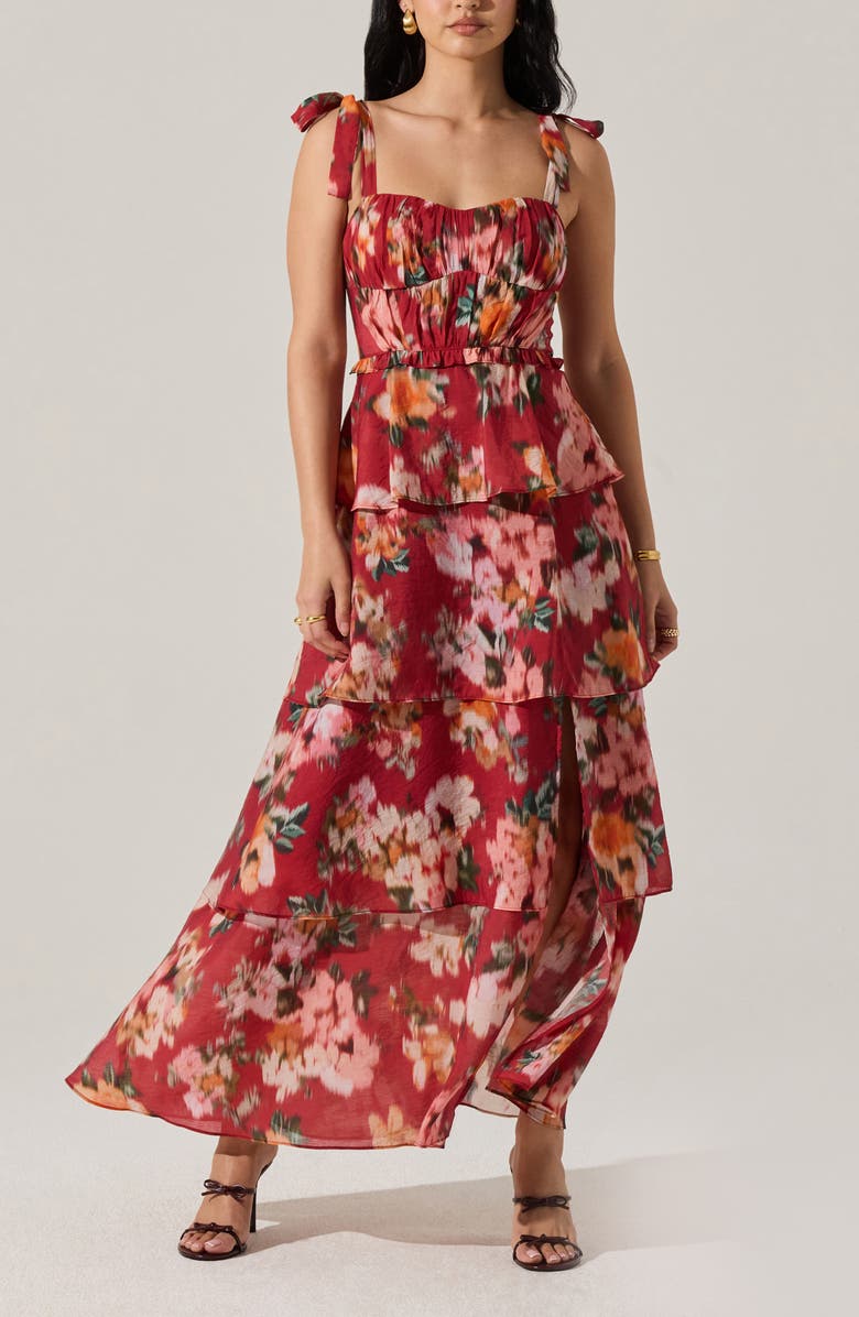 ASTR the Label Mellorie Abstract Floral Tiered Maxi Dress, Alternate, color, Red Multi Floral