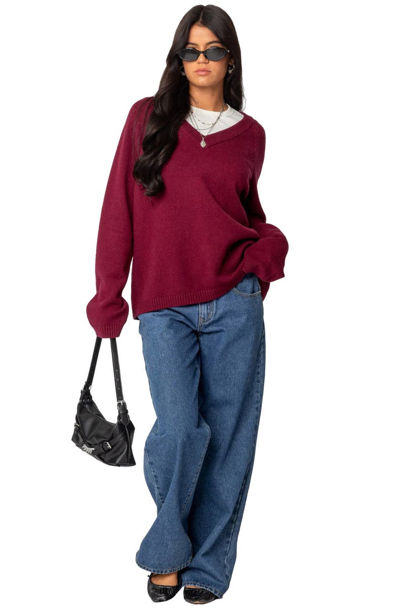 EDIKTED Martha Oversize V-Neck Sweater, Alternate, color, Burgundy