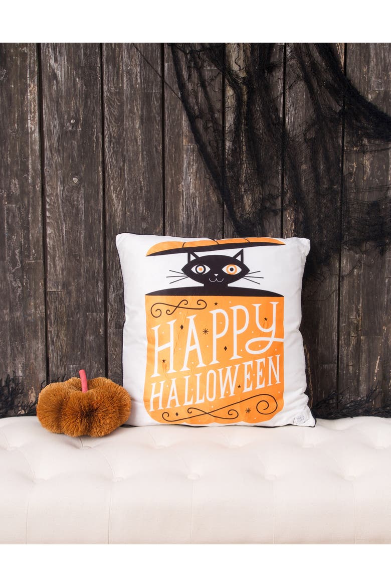 Black Cat in Pumpkin "Happy Halloween" LED Accent Throw Pillow 18" x 18", Alternate, color, Brown