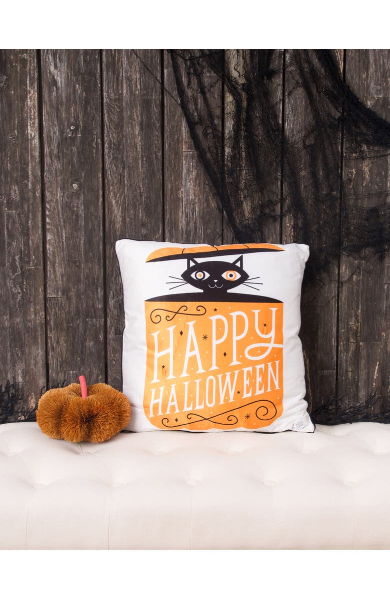 C&F Home Black Cat in Pumpkin "Happy Halloween" LED Accent Throw Pillow 18" x 18", Alternate, color, Brown