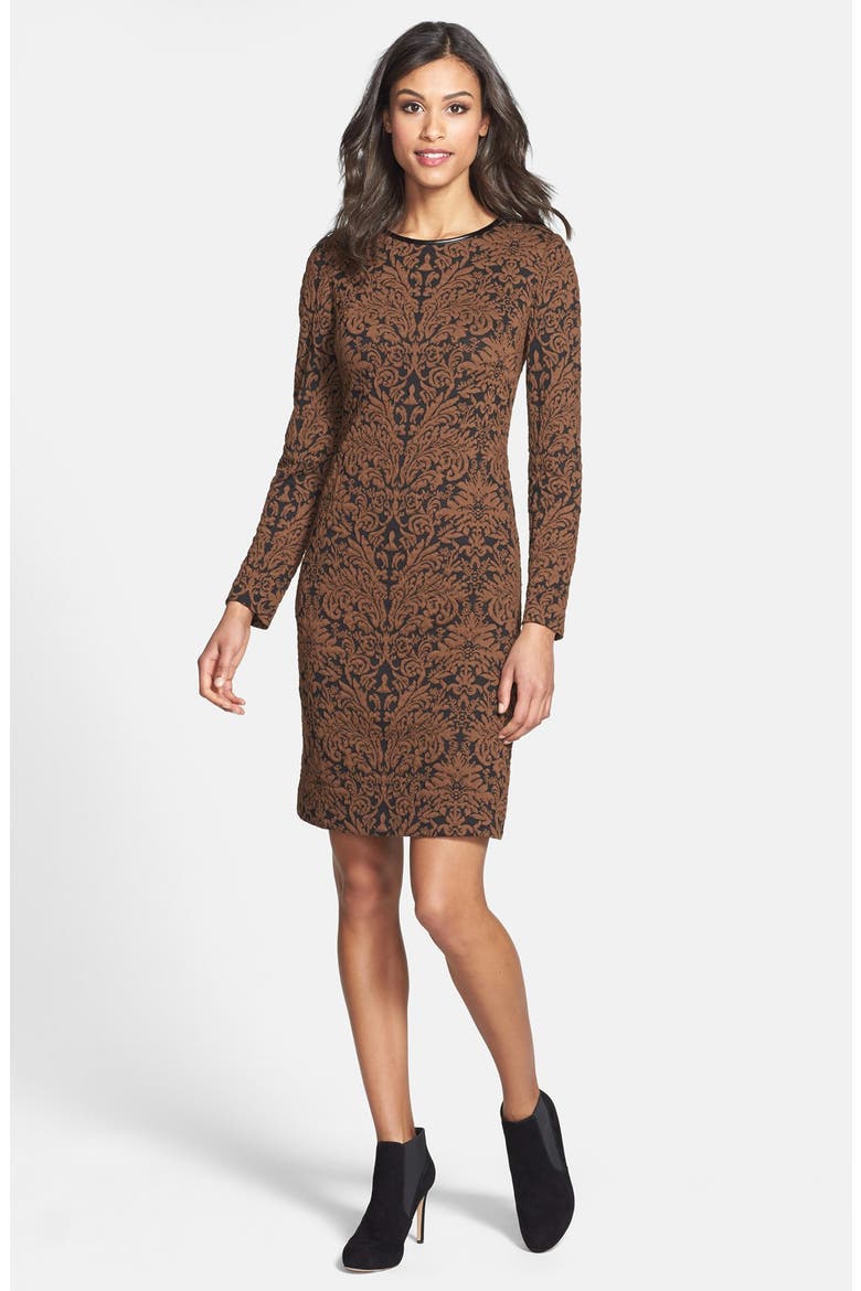 Long Sleeve Jacquard Sheath Dress, Alternate, color, BLACK/ BROWN