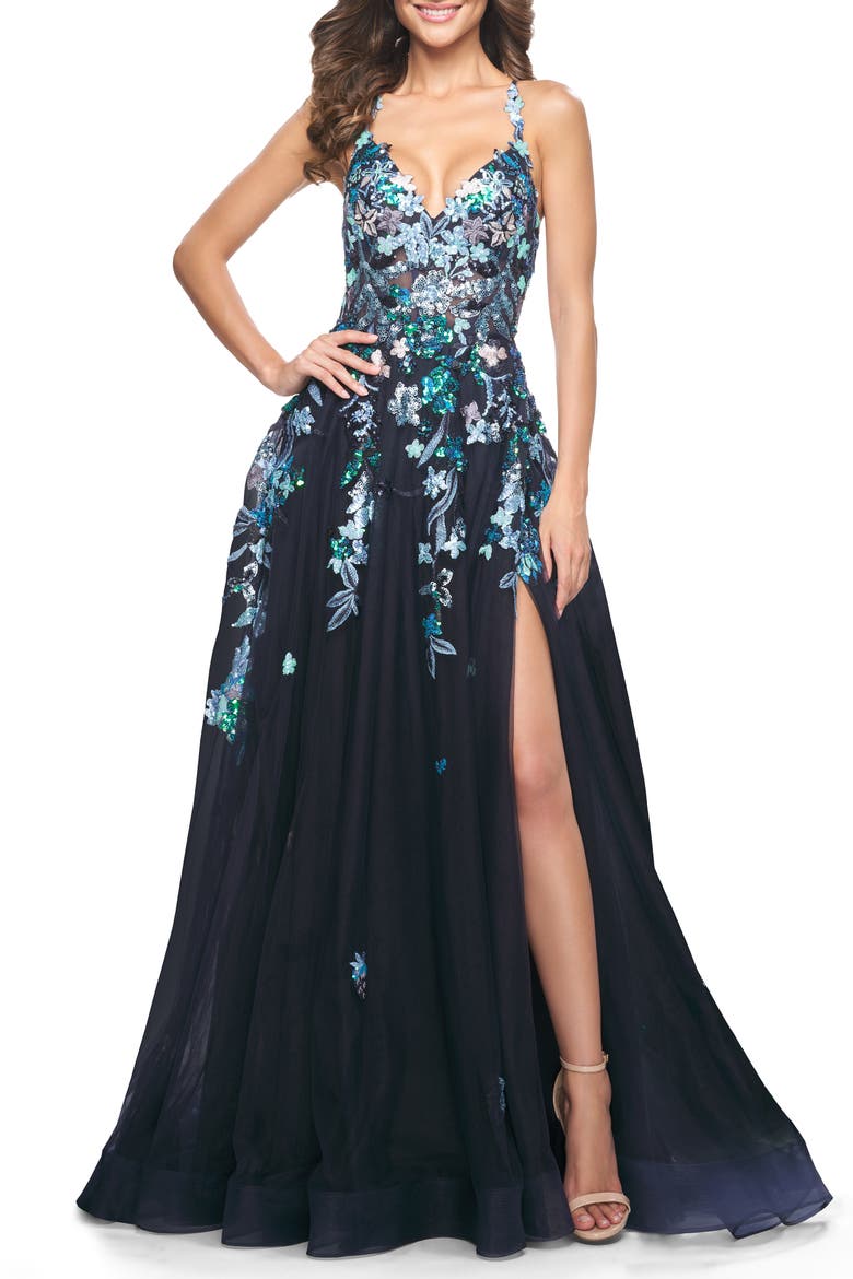 Gorgeous Sequin Floral Lace Applique A-Line Tulle Prom Dress, Alternate, color, Navy