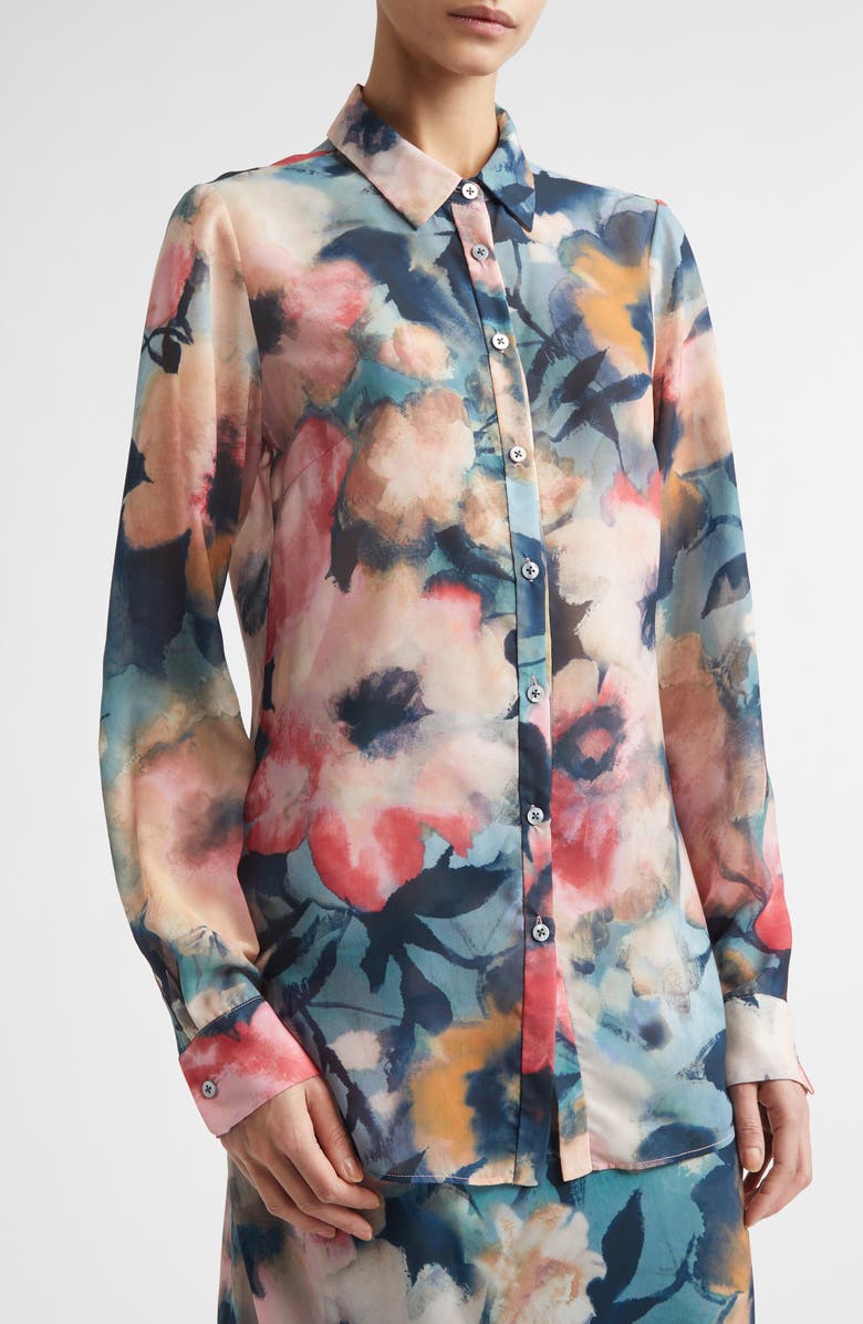 Lela Rose Abstract Floral Chiffon Button-Up Shirt, Alternate, color, Mist Multi