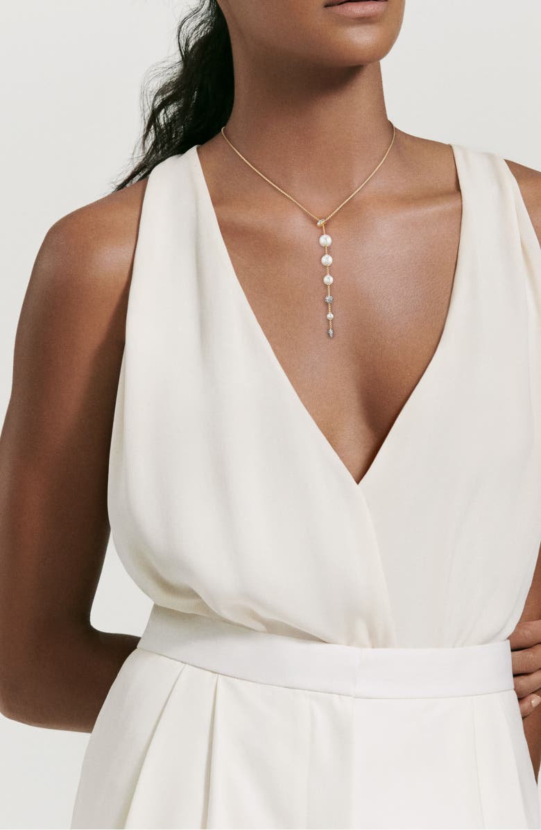 David Yurman Pearl and Pavé Y Necklace in 18K Yellow Gold with Diamonds, Alternate, color,