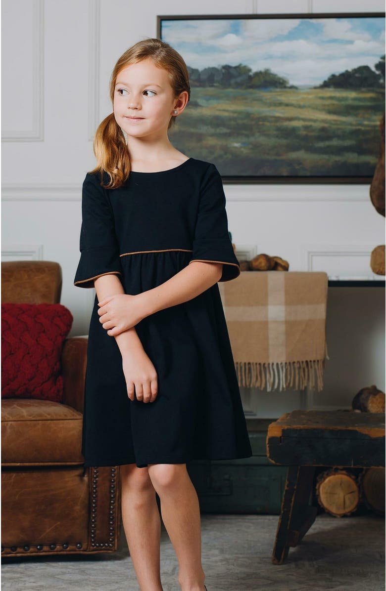 Hope & Henry Girls' Ruffle Sleeve Ponte Dress, Toddler, Alternate, color, Black With Suede Piping