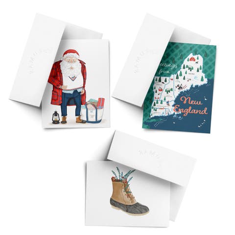 Greetings from New England, New England Boot, Preppy Santa Winter/Holiday/Christmas Greeting Card Pack Sets (3 ct, Assorted)