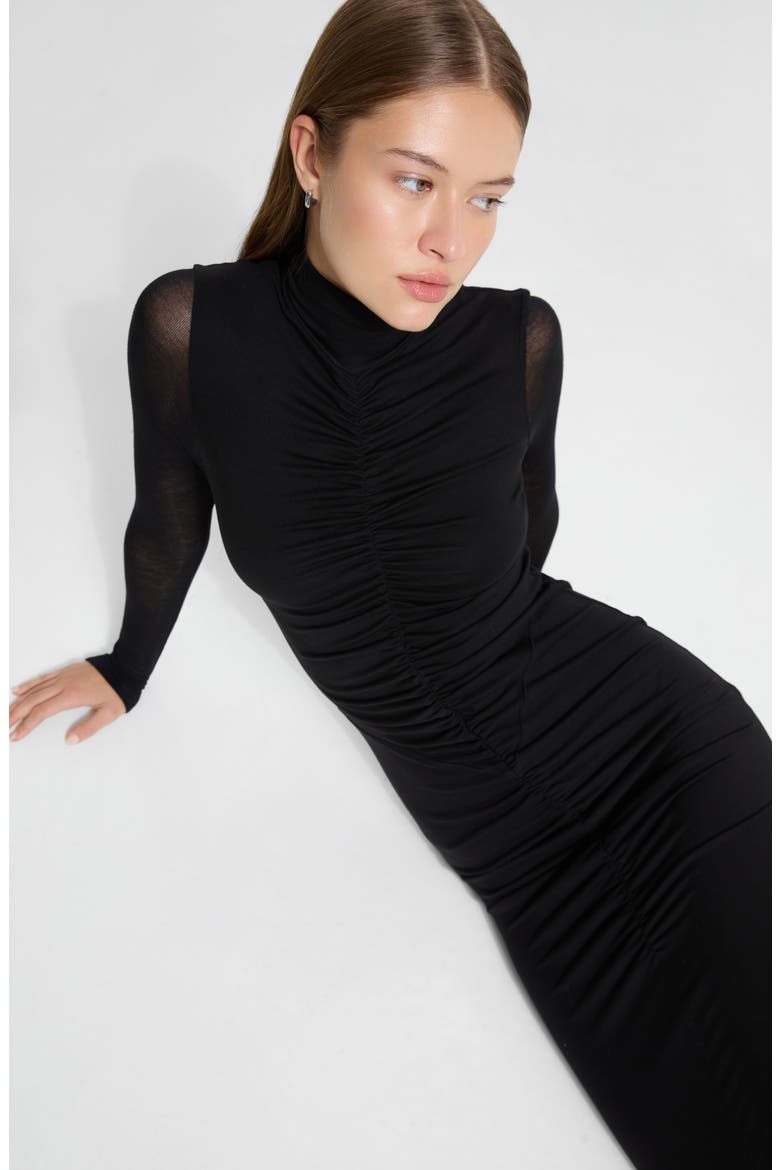 Athena Center Ruched Long Sleeve Dress, Alternate, color, BLACK
