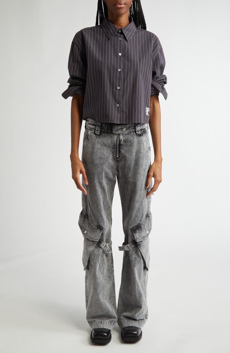 Acne Studios Satai Stripe Crop Organic Cotton Poplin Button-Up Shirt, Alternate, color, Black/ White J83