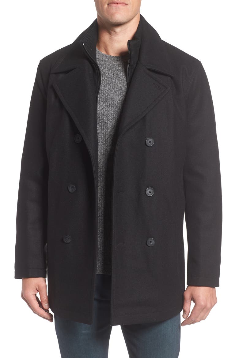 Burnett Wool Blend Peacoat with Front Insert, Main, color, BLACK