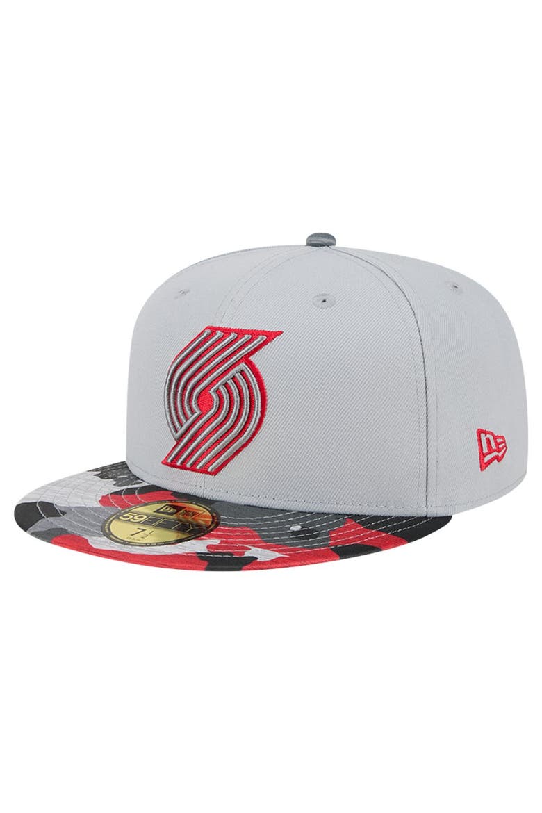 Men's New Era Gray Portland Trail Blazers Active Color Camo Visor 59FIFTY Fitted Hat, Main, color, Gray