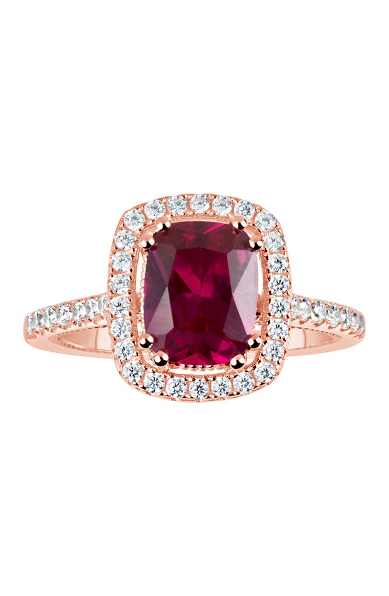 SUZY LEVIAN Rose Gold Plated Sterling Silver Created Ruby CZ Halo Ring, Main, color, 