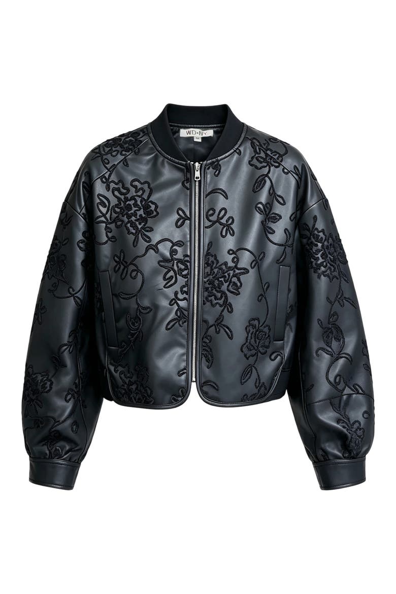 Embroidered Faux Leather Bomber Jacket, Main, color, BLACK