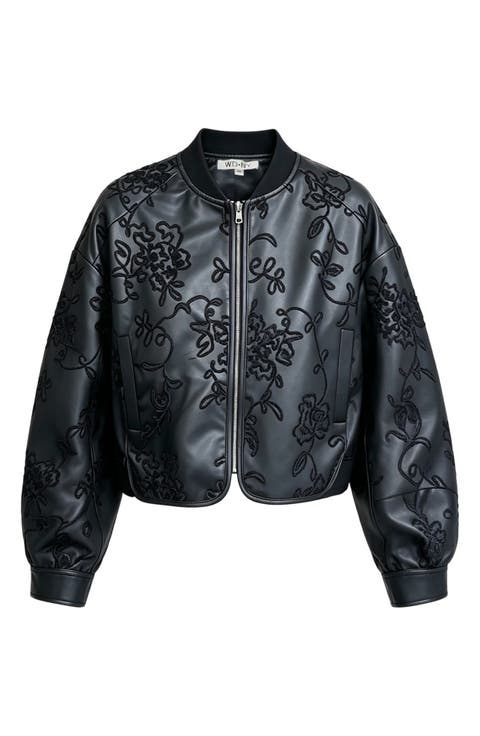 Embroidered Faux Leather Bomber Jacket