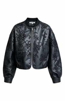 Embroidered Faux Leather Bomber Jacket