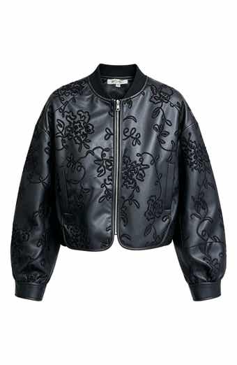 Embroidered Faux Leather Bomber Jacket