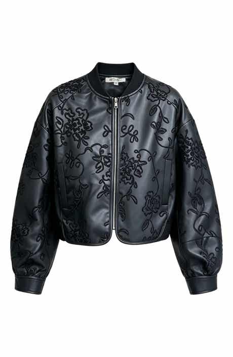 Embroidered Faux Leather Bomber Jacket