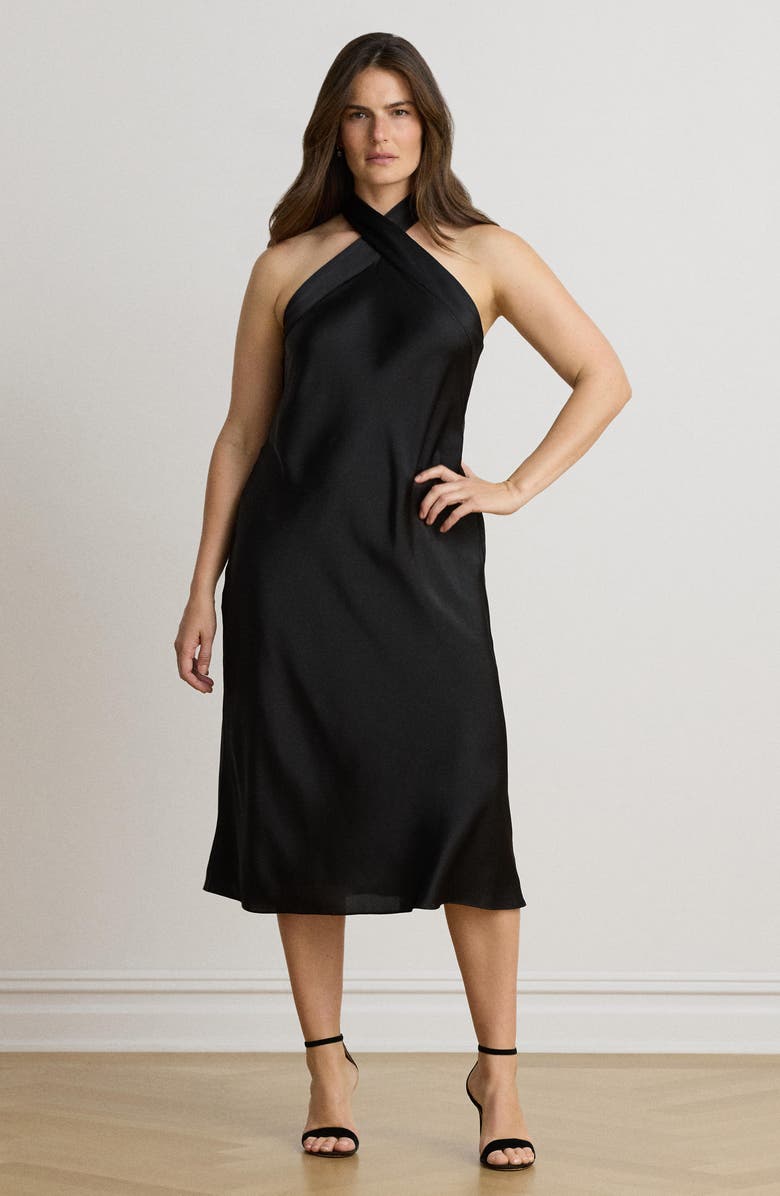 Lauren Ralph Lauren Satin Halter Neck Cocktail Dress, Alternate, color, Black