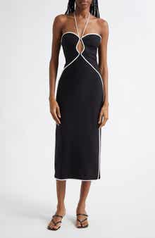 FARM Rio Contrast Detail Center Cutout Linen Blend Midi Dress