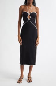 FARM Rio Contrast Detail Center Cutout Linen Blend Midi Dress
