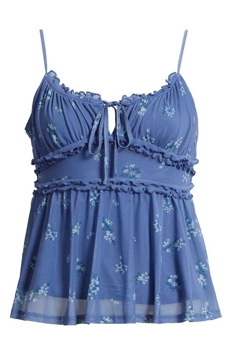 BP. Floral Mesh Ruffle Trim Camisole, Alternate, color, Blue Colony Meadow Clusters