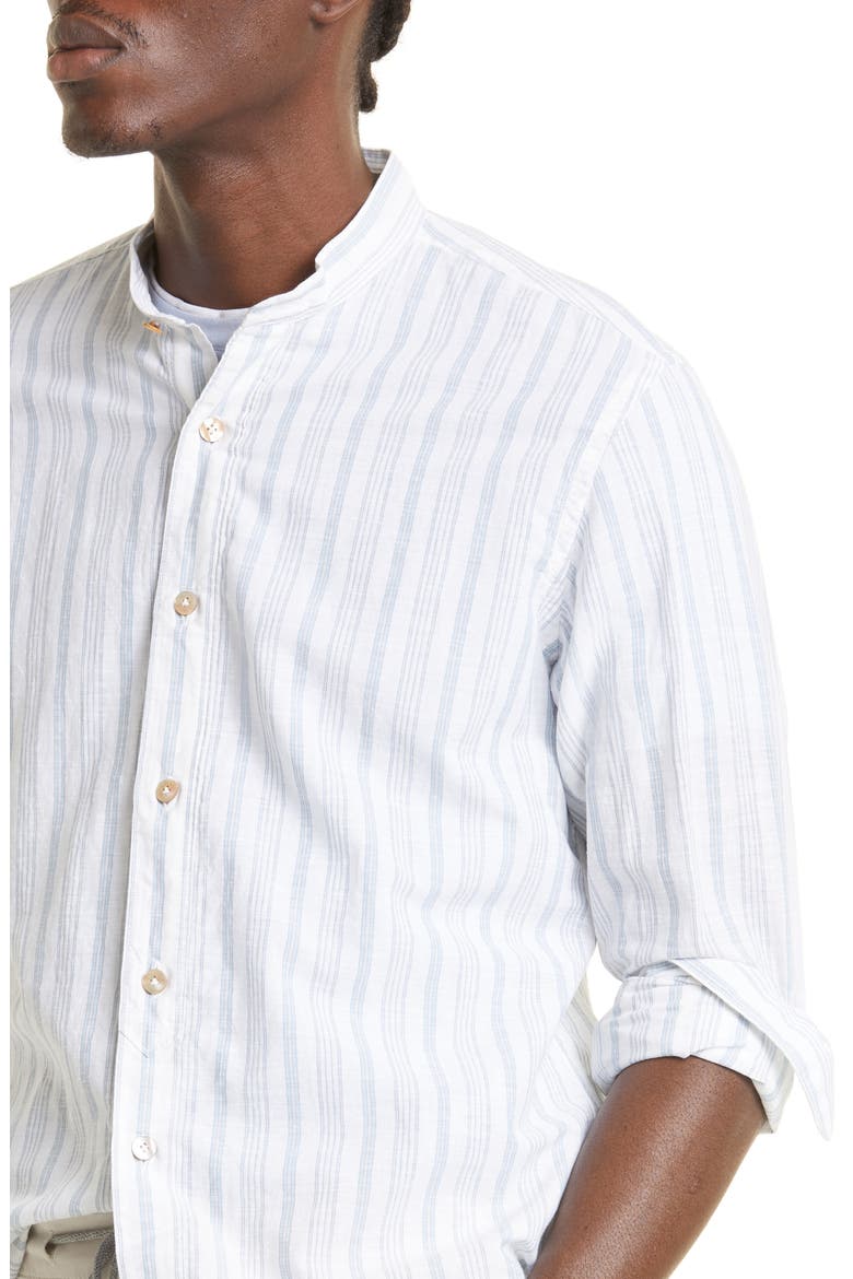 Stripe Mandarin Collar Cotton & Linen Shirt, Alternate, color, BLUE