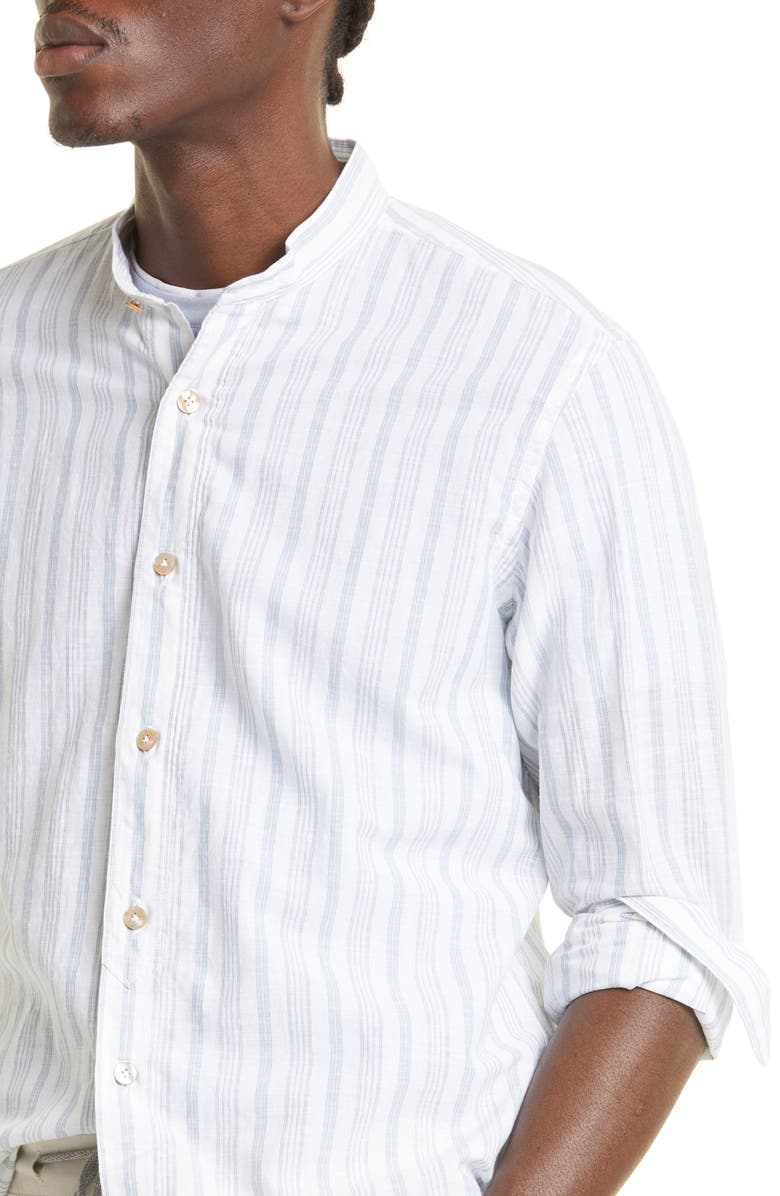 Eleventy Stripe Mandarin Collar Cotton & Linen Shirt, Alternate, color, 