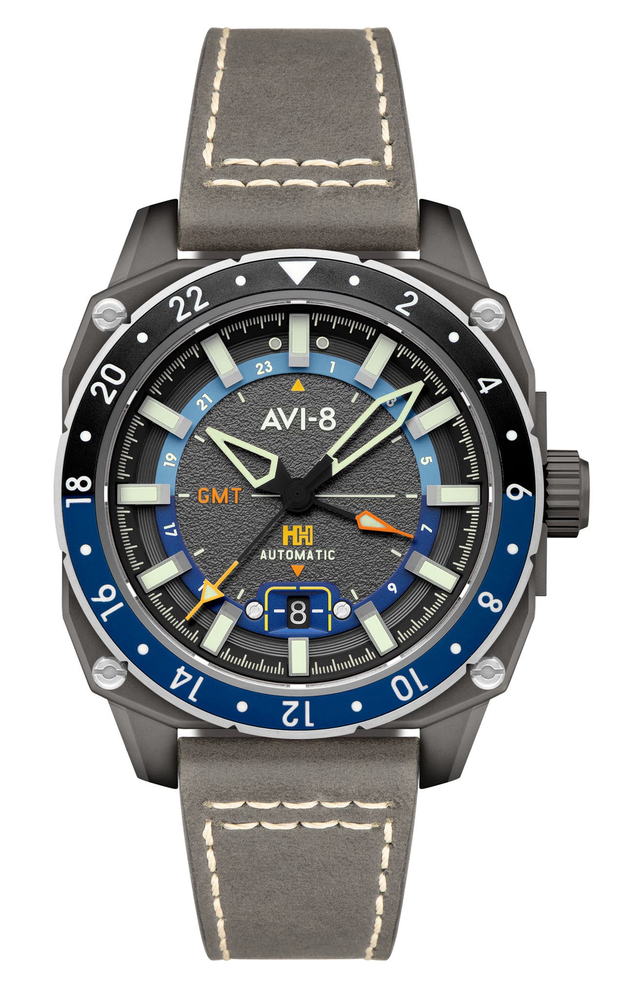 AVI-8 Hawker Hunter Atlas GMT Movement Leather Strap Watch, 44mm in Grey 