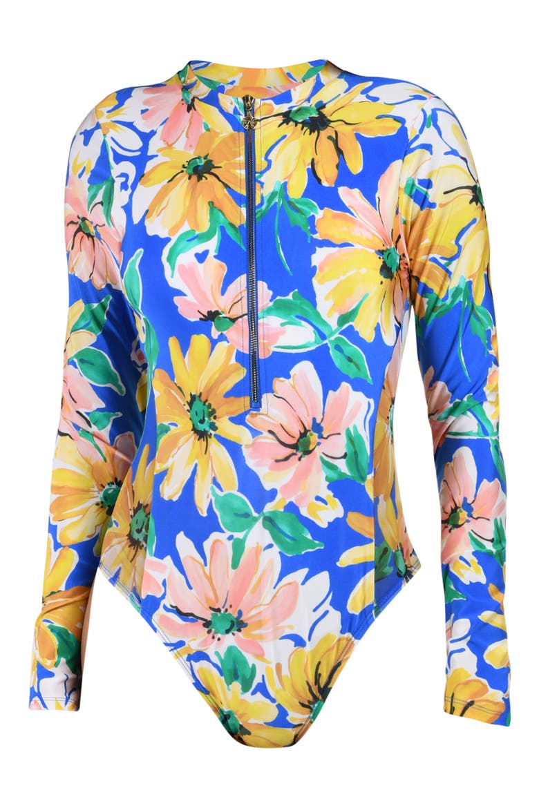 Sunflower Long Sleeve One-Piece Rashguard Swimsuit, Alternate, color, BLUE MULTI