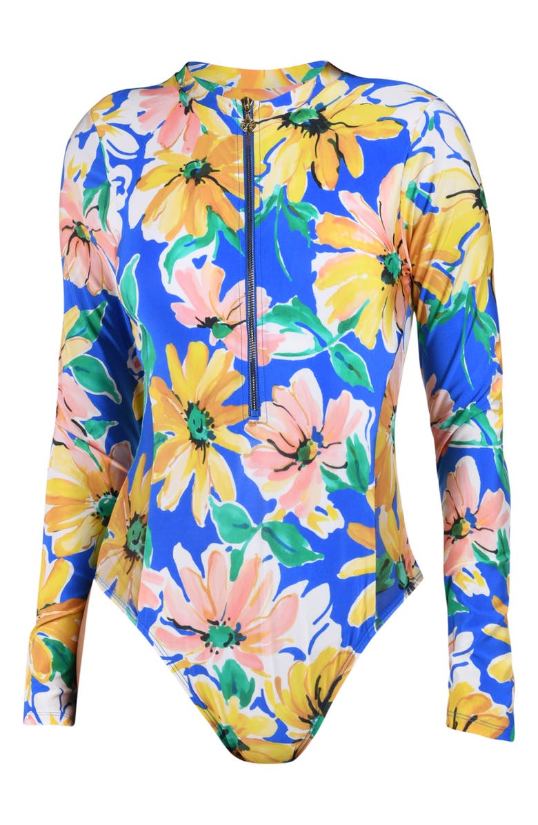 Sunshine 79 Sunflower Long Sleeve One-Piece Rashguard Swimsuit, Alternate, color, Blue Multi