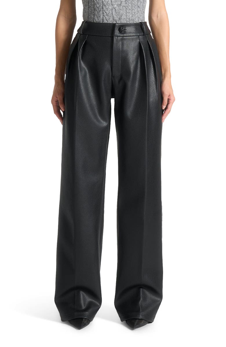 Manière De Voir Olivia Pebbled Leather Pleated Stacked Trousers, Alternate, color, Black