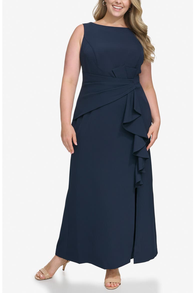 Cascade Ruffle Sleeveless Gown, Main, color, NAVY
