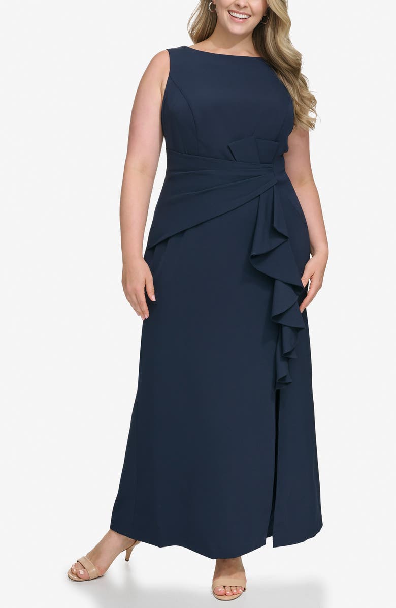 Eliza J Cascade Ruffle Sleeveless Gown, Main, color, Navy