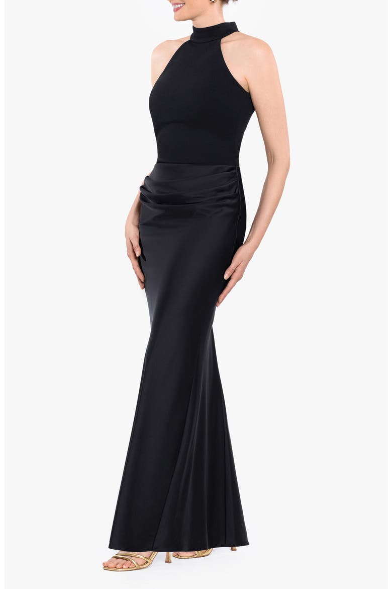 Sleeveless Mock Neck Satin Gown, Alternate, color, BLACK