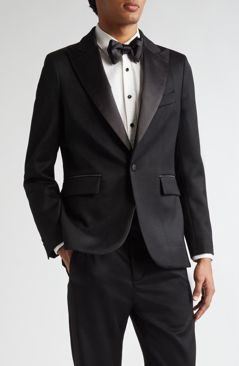 Bode Barathea Peak Lapel Wool Tuxedo Jacket, Main, color, Black