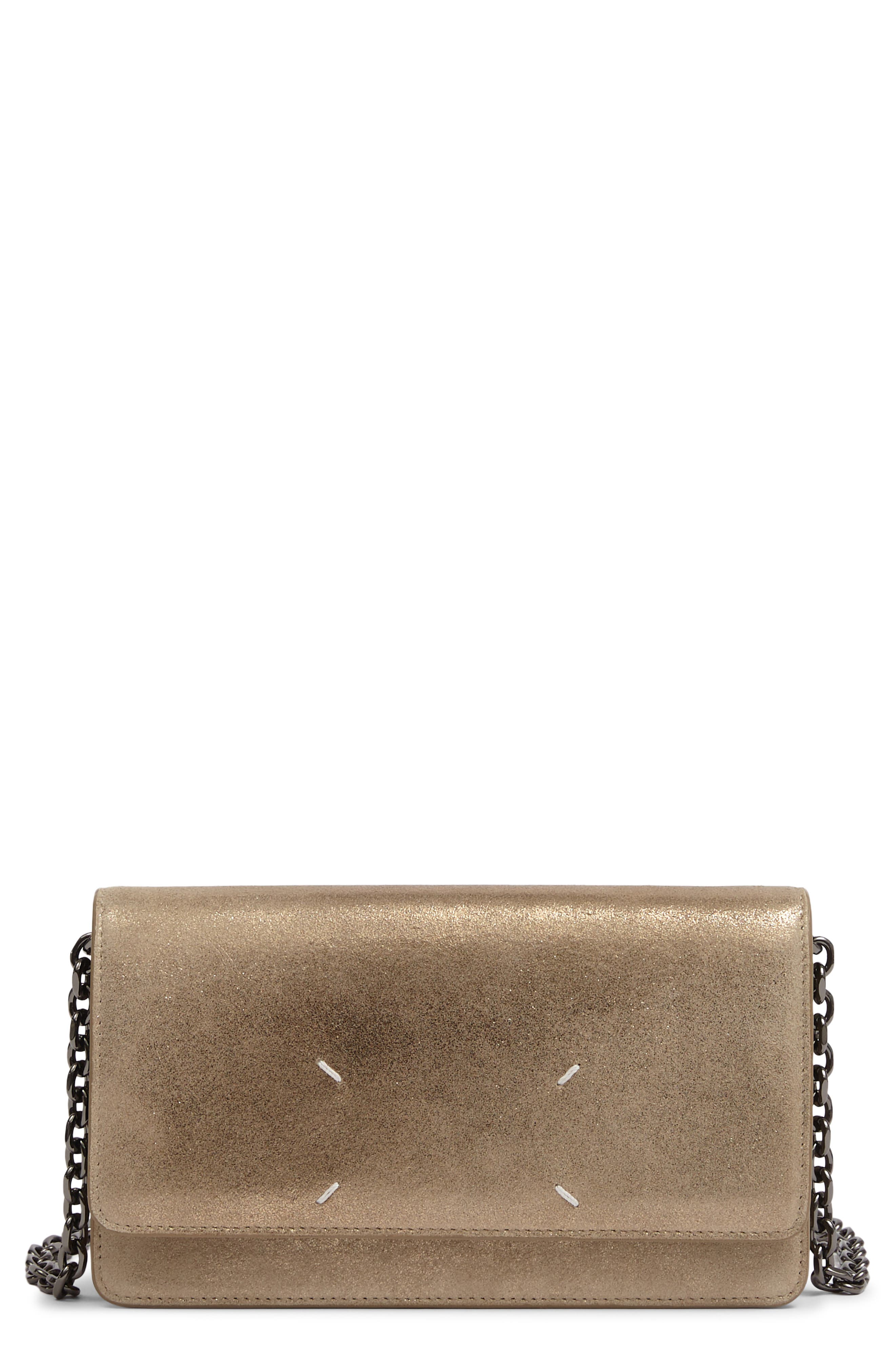 Medium Metallic Leather Wallet On a Chain, Main, color, CREAM GOLD