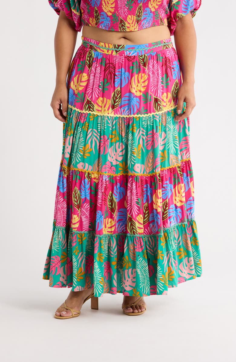 SUGARLIPS Wave Trim Tiered Maxi Skirt, Main, color, Fuchsia Pink
